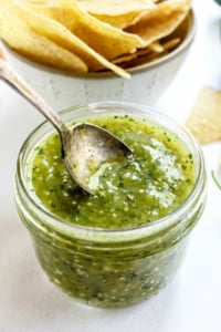 tomatillo salsa verde with spoon