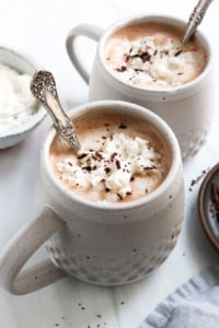 healthy hot chocolate in two white mugs.