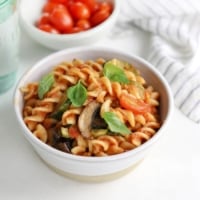 easy vegan pasta in white bowl