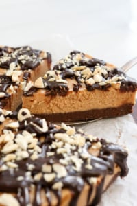 vegan peanut butter pie slice lifted from pie