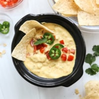 vegan queso with toppings and tortilla chips.