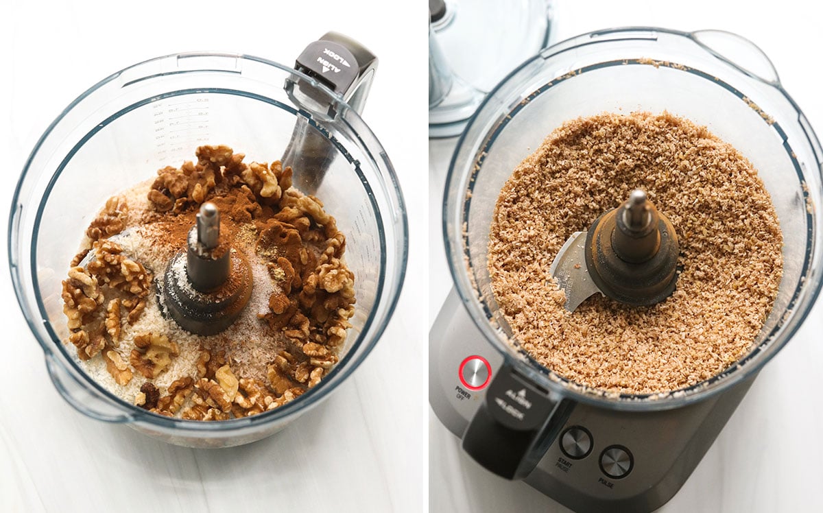 walnuts, coconut, and spices blended together in food processor.