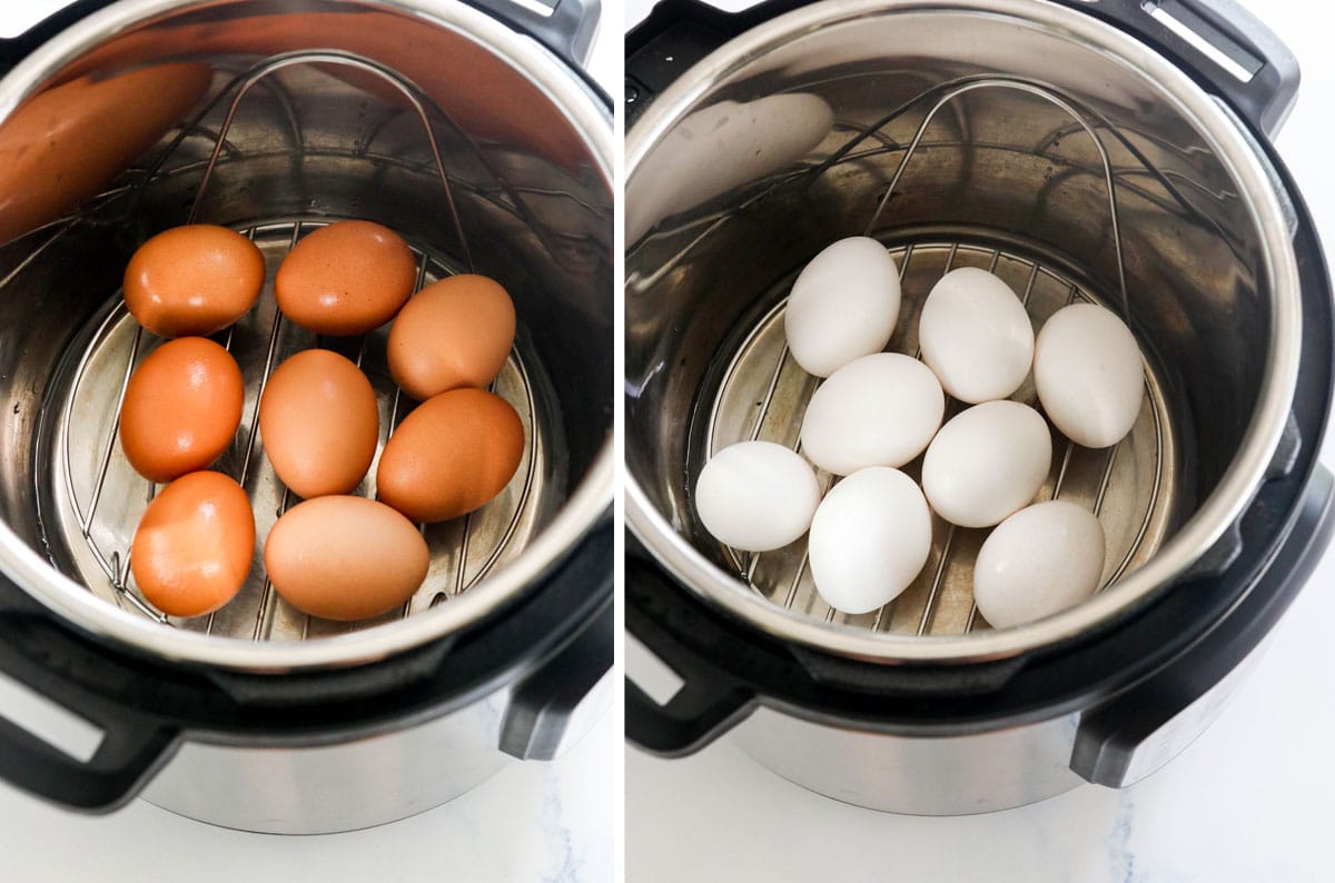 brown eggs and white eggs in the Instant Pot