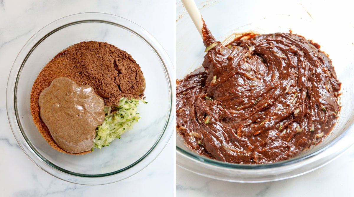 Chocolate Zucchini muffin batter mixed in a large glass bowl.